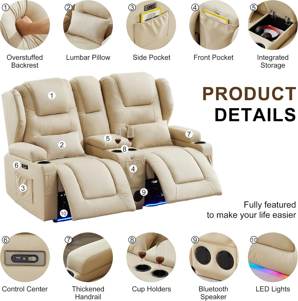 RV Power Loveseat Recliner Sofa, Leathaire Fabric Wall Hugger Reclining Loveseat with Console and Cup Holders