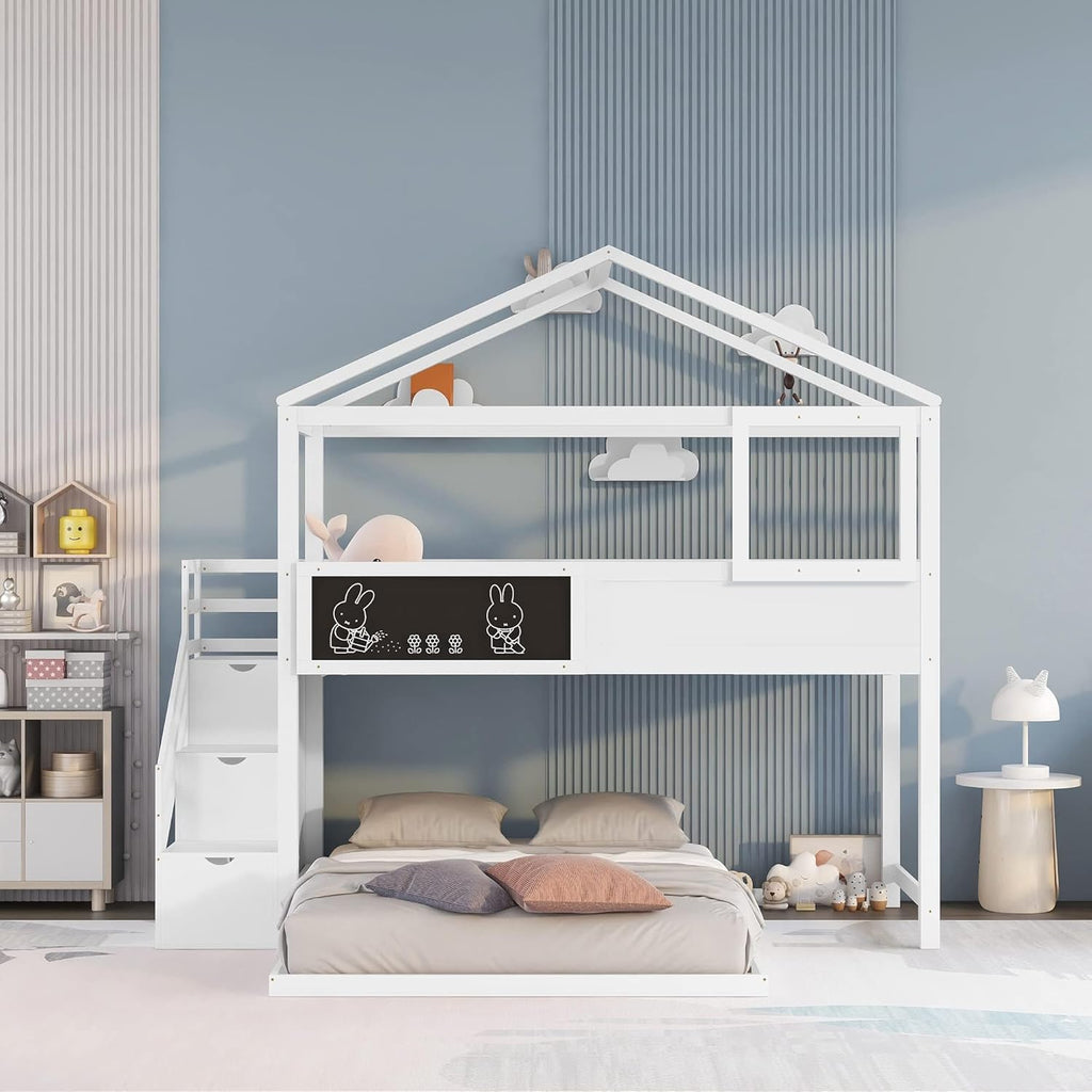 Wood Twin Over Full House Bunk Bed with Ladder, Solid Pine Wood Bunk Bed Frame with Safety Guardrails