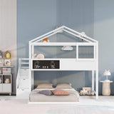 Wood Twin Over Full House Bunk Bed with Ladder, Solid Pine Wood Bunk Bed Frame with Safety Guardrails