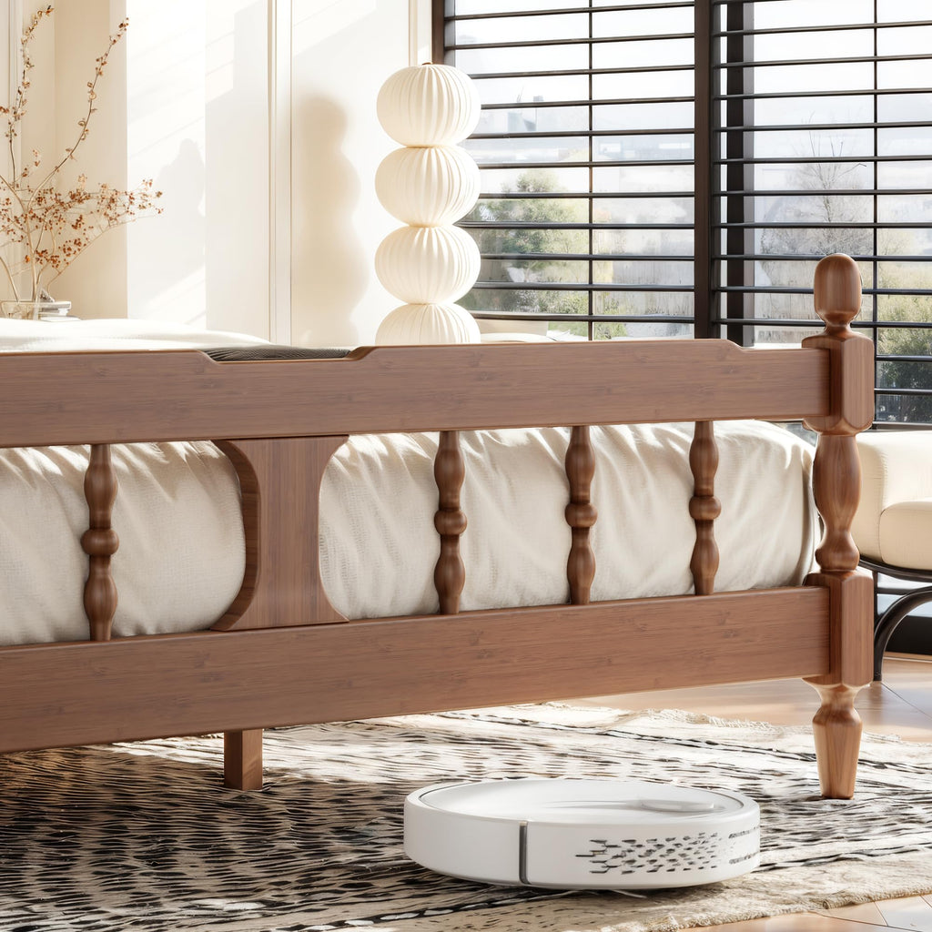 King Vintage Wood Spindle Post Bed, Bamboo Platform Bed, Brown