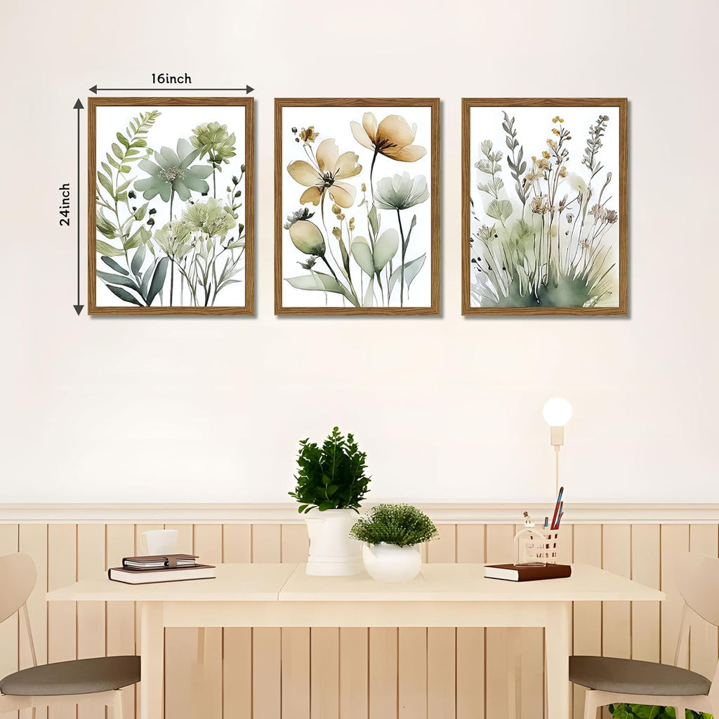 Wood Framed Sage Green Botanical Wall Art Set of 3, Boho Floral Canvas Wall Decor Paintings, Minimalist Flower