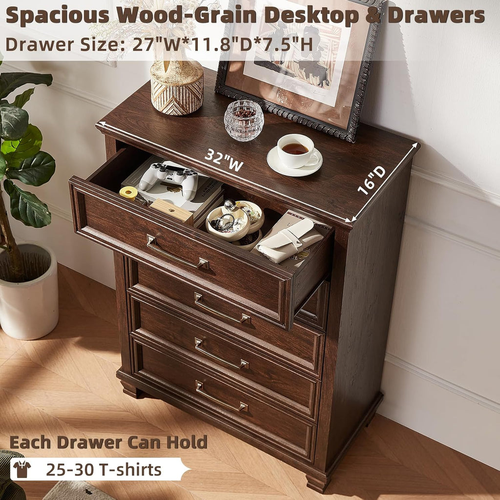 Farmhouse Chest of Drawers , 45" Tall Dresser for Closet, Rustic Wood Dressers , Walnut
