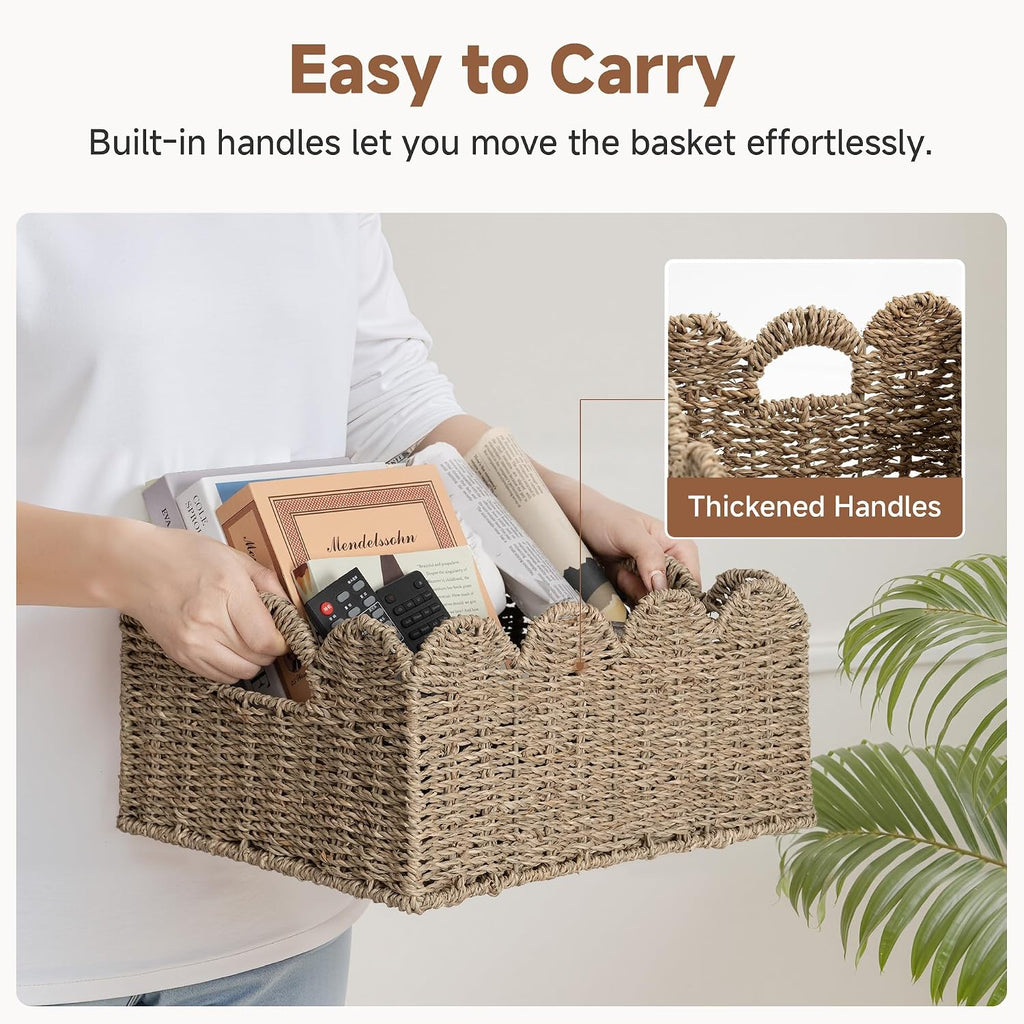 Scalloped Seagrass Baskets, Hand-woven Rattan Baskets with Built-in Handles, Cute Baby Basket , Basket for Organizing
