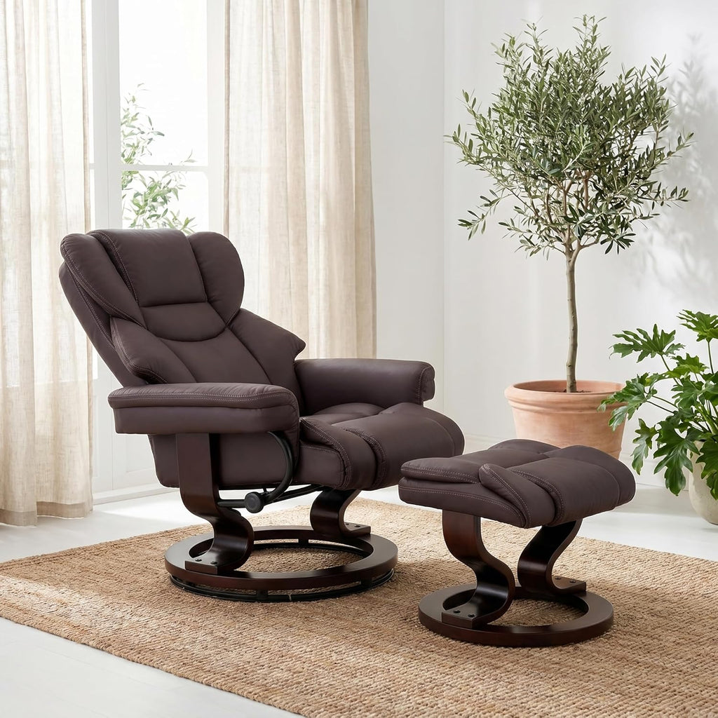 Modern Reclining Swivel Lounge Chair and Ottoman — Brown Leather