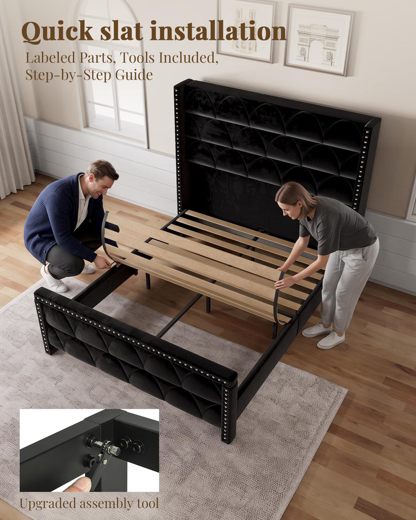 Queen Size Bed Frame with 56" Headboard - Velvet Upholstered Wingback Platform Bed Frame, Noise Free, Sturdy Wooden