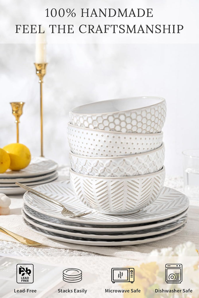 32-Piece Luxury Dinnerware Set,Complete Plates and Bowls Set for 8,Upscale Ceramic Dish Set for Hosting