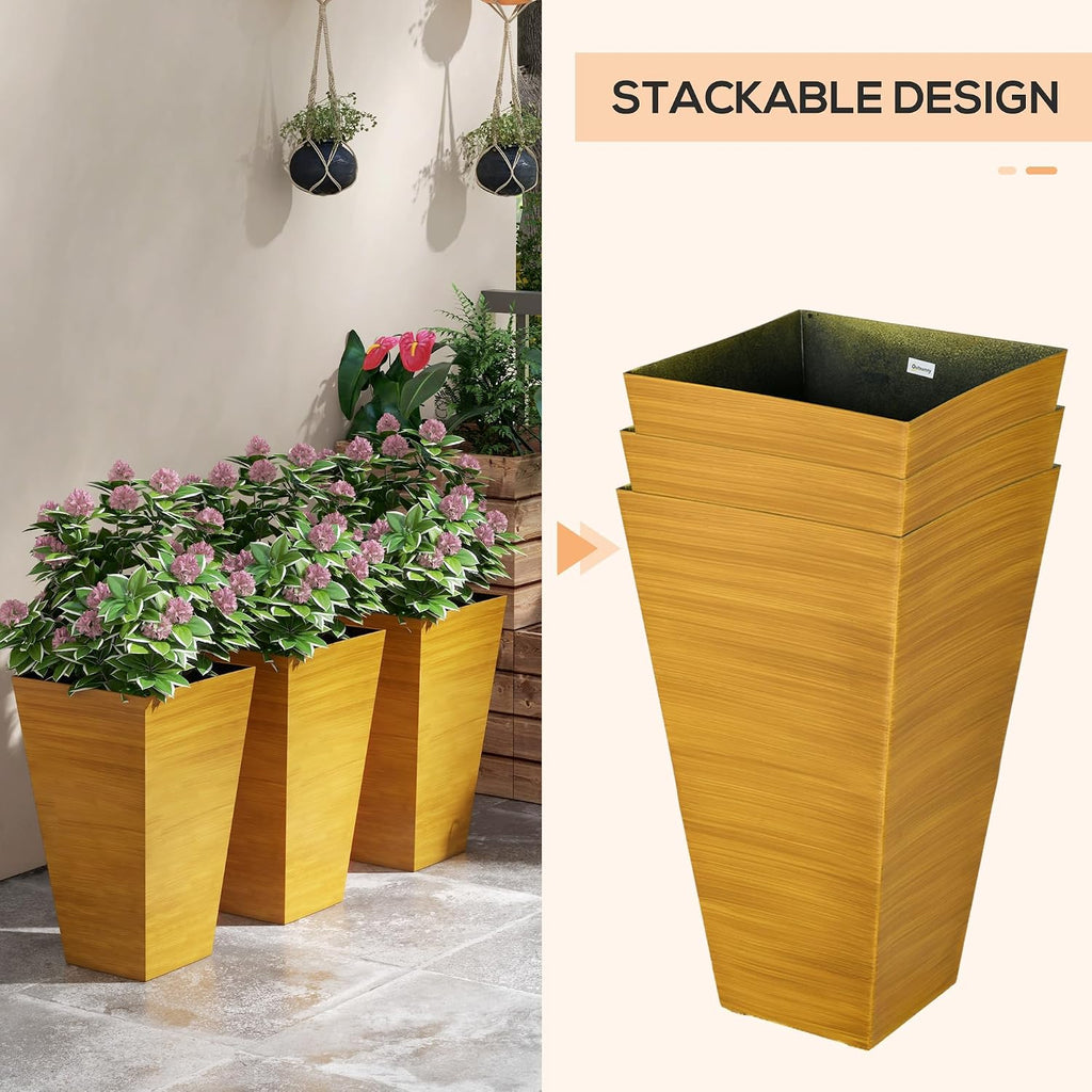 Outdoor Planters,Set of 3 Taper Planters with Drainage Holes and Plug,Faux Wood Flower Pots for