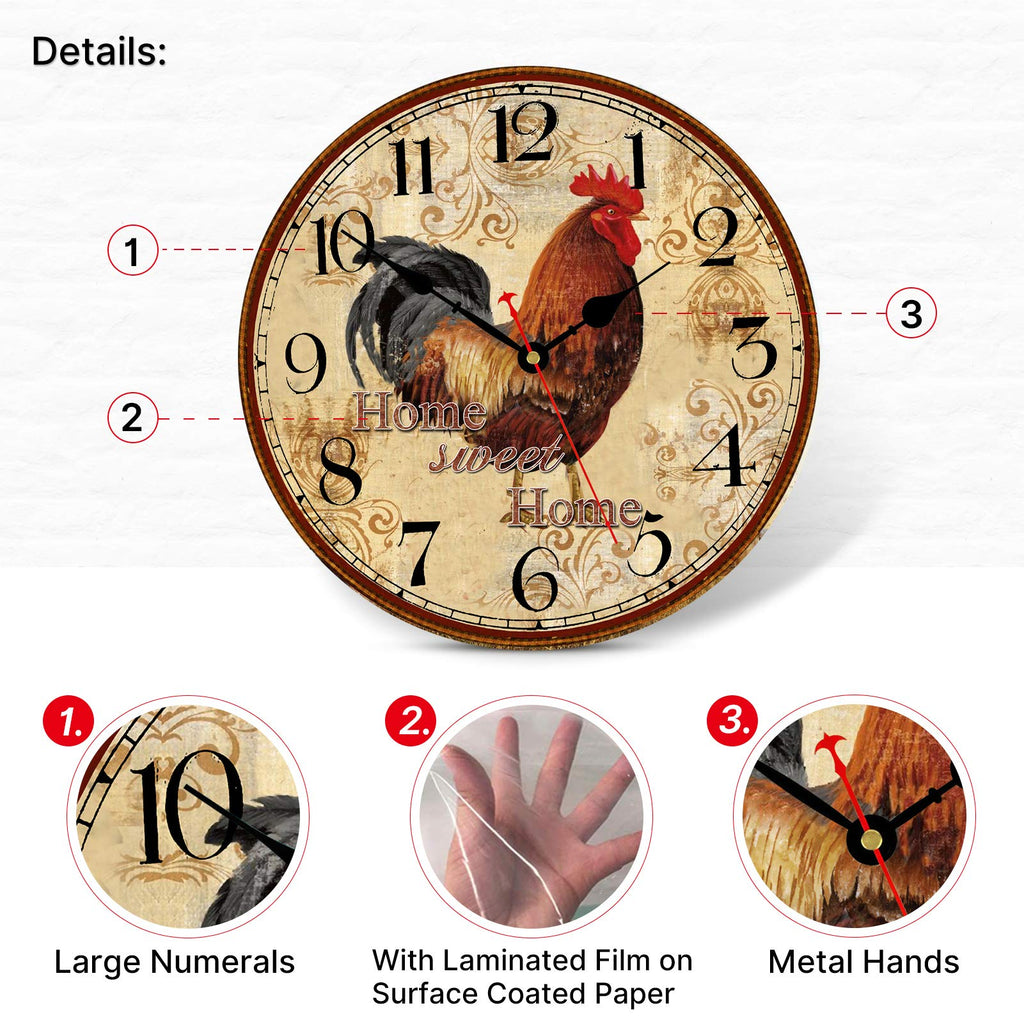 14 Inch Rustic Rooster Wall Clock Retro Silent Non Ticking Easy to Read Clock, Battery Operated Decorative Wall