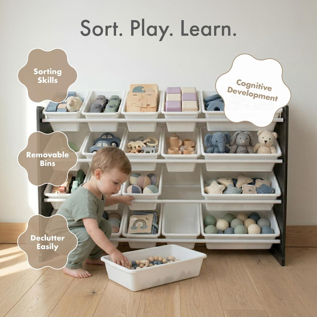 Kids Toy Organizer with 20 Bins, 4 Tier Storage | Sturdy wood and steel toddler shelf, removable BPA-free containers