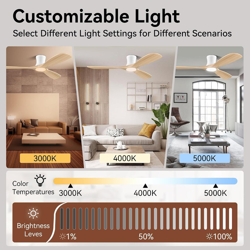 52” Wood Smart Flush Mount Ceiling Fans with Lights and Remote,Quiet DC Motor