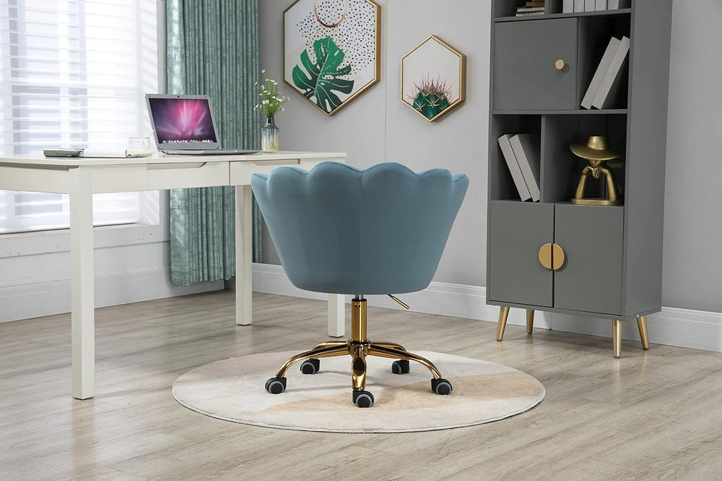 Comfy Home Office Task Chair with Wheels, Cute Modern Upholstered Velvet Seashell Back Adjustable Swivel Vanity Desk