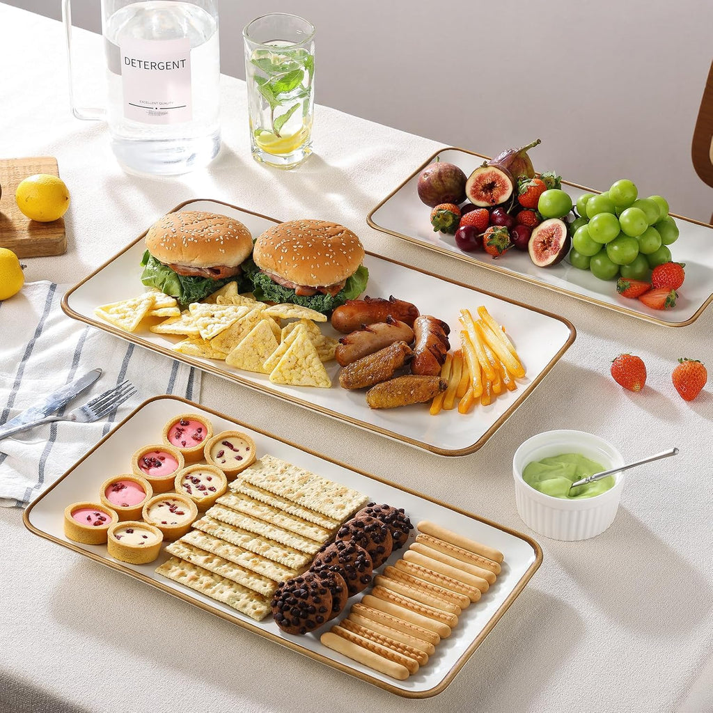 Ceramic Rectangle Serving Platter with Brown Rim: 15.6/14.1/12.6 Inch Large Serving Dishes for Entertaining Party