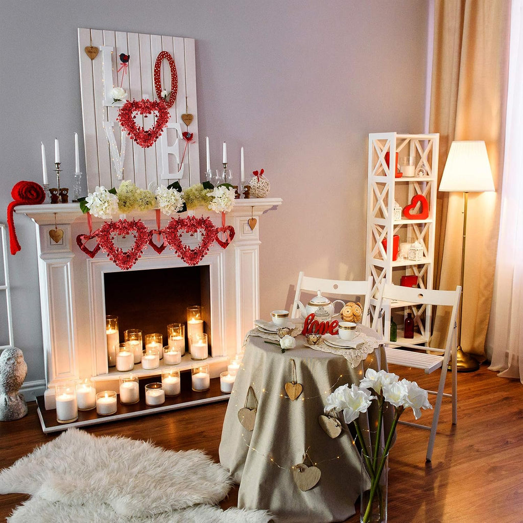 Red Valentine Heart Wreaths Tinsel Heart Shaped Wreaths with Foil Hearts Hanging Valentine's Day Wreaths - Set of 6