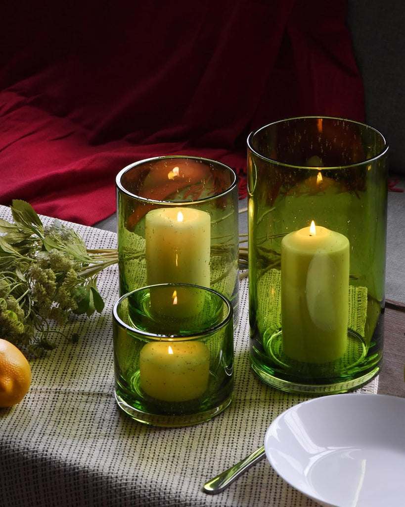 Hurricane Candle Holders Set of 3, Spring Green Glass | Seeded Bubbles, Pillar Candle Holders, Cylinder Vase