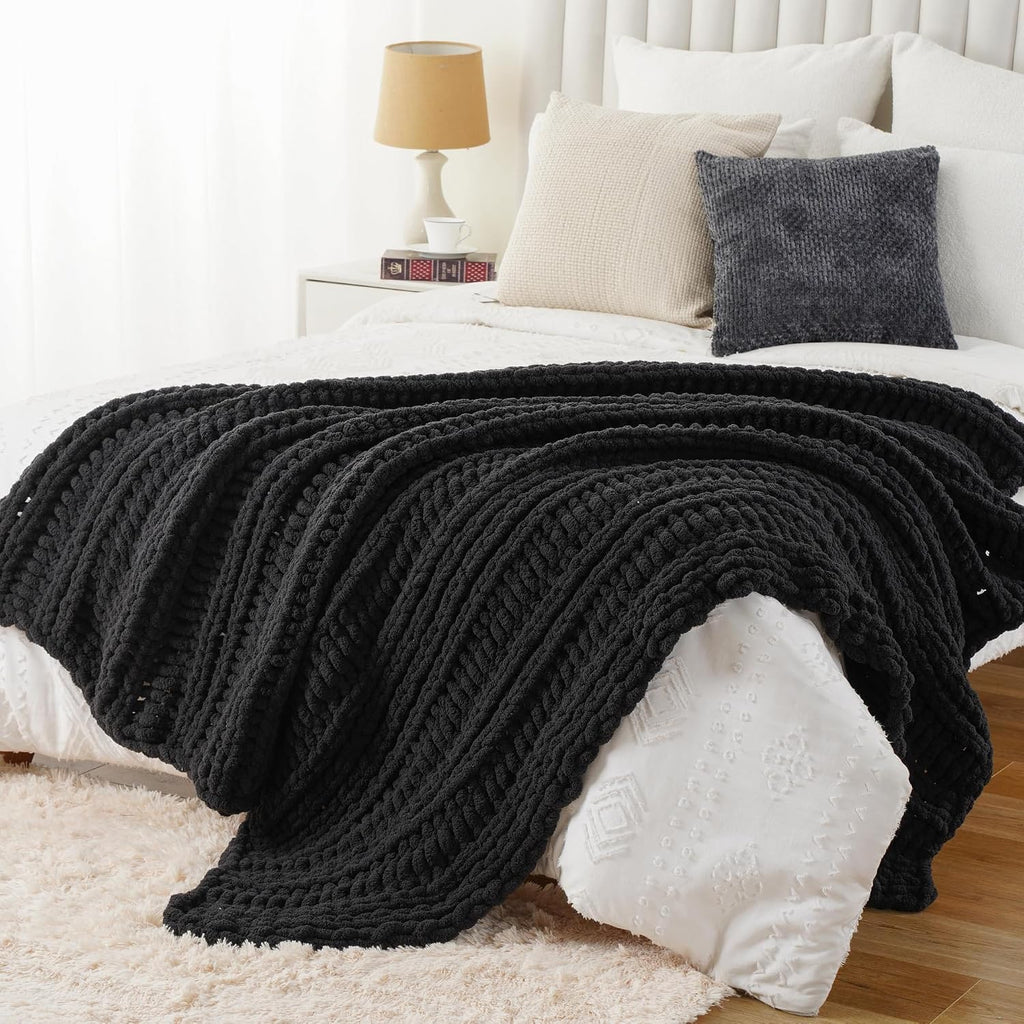 Chunky Knit Throw Blanket, Hand Made Chenille Throw Blanket, Super Soft Warm Cozy Charcoal Blanket, 50"x60"