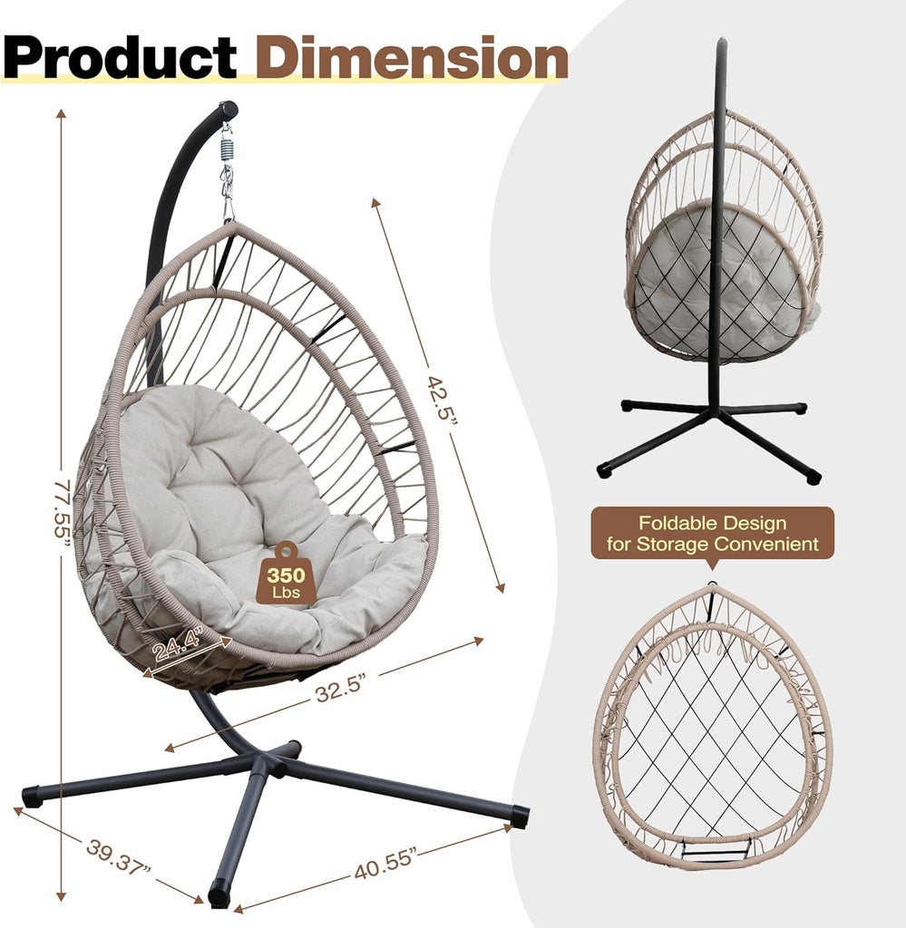 Hanging Egg Chair with Stand, Foldable Hammock Swing Chair Made by Durable All-Weather Core-Spun Polyester Rope with