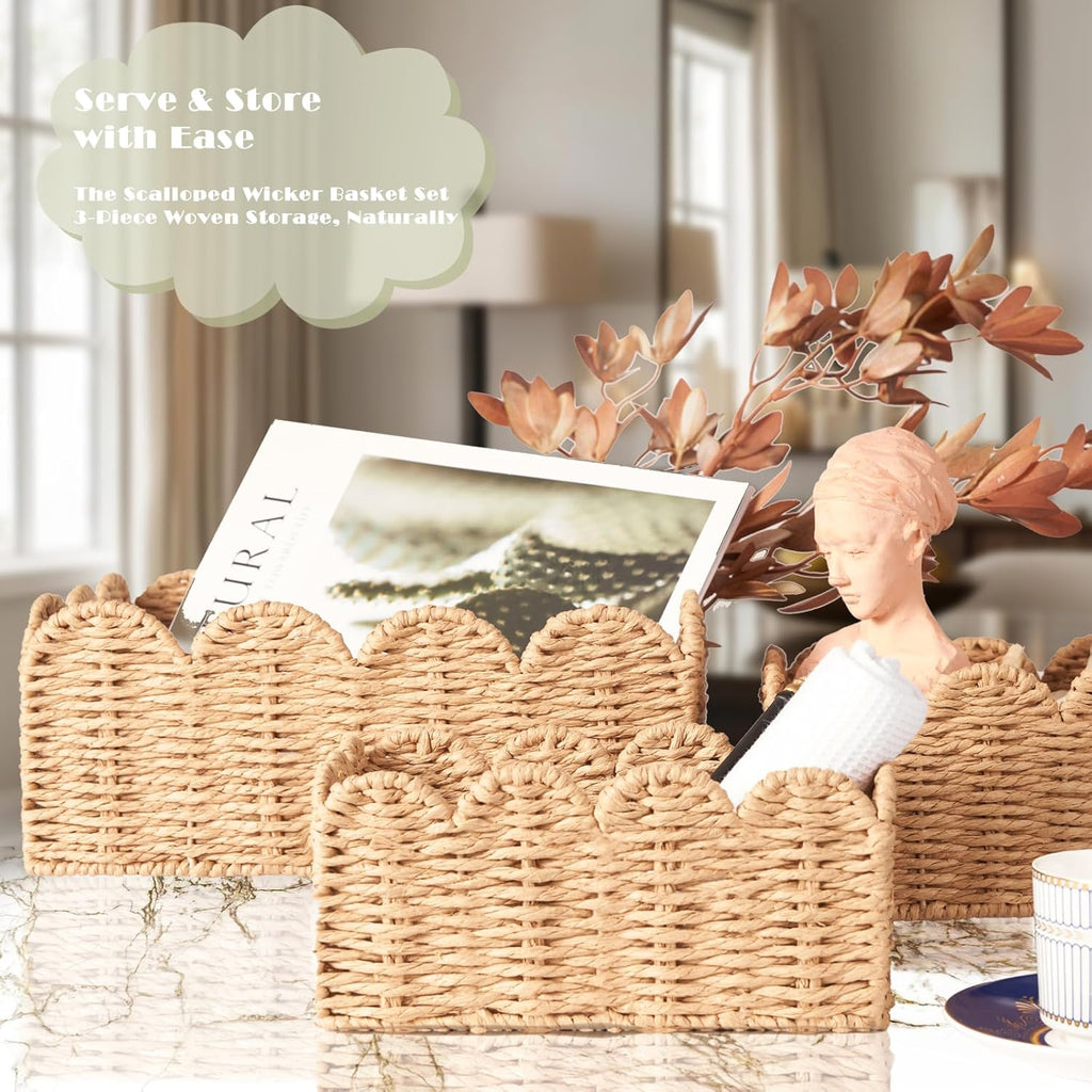 Scalloped Wicker Baskets Set of 3, Hand-Woven Storage with Handles | A set of 3 tan scalloped baskets with handles.