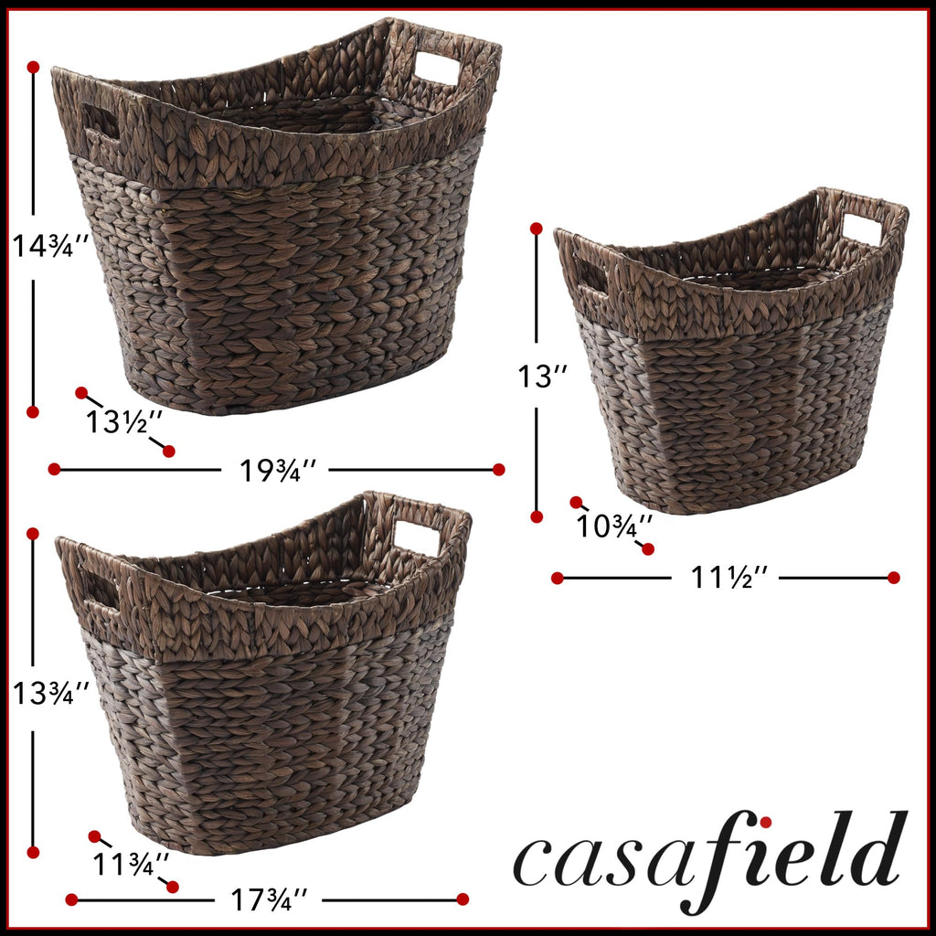 Set of 3 Stackable Oval Laundry Baskets with Handles - Espresso, Woven Water Hyacinth Storage Totes for Throw