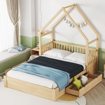 Queen Size Wood House Platform Bed with 2 Drawer for Toddlers and Baby, Modern Montessori Platform Bed Frame, No Box