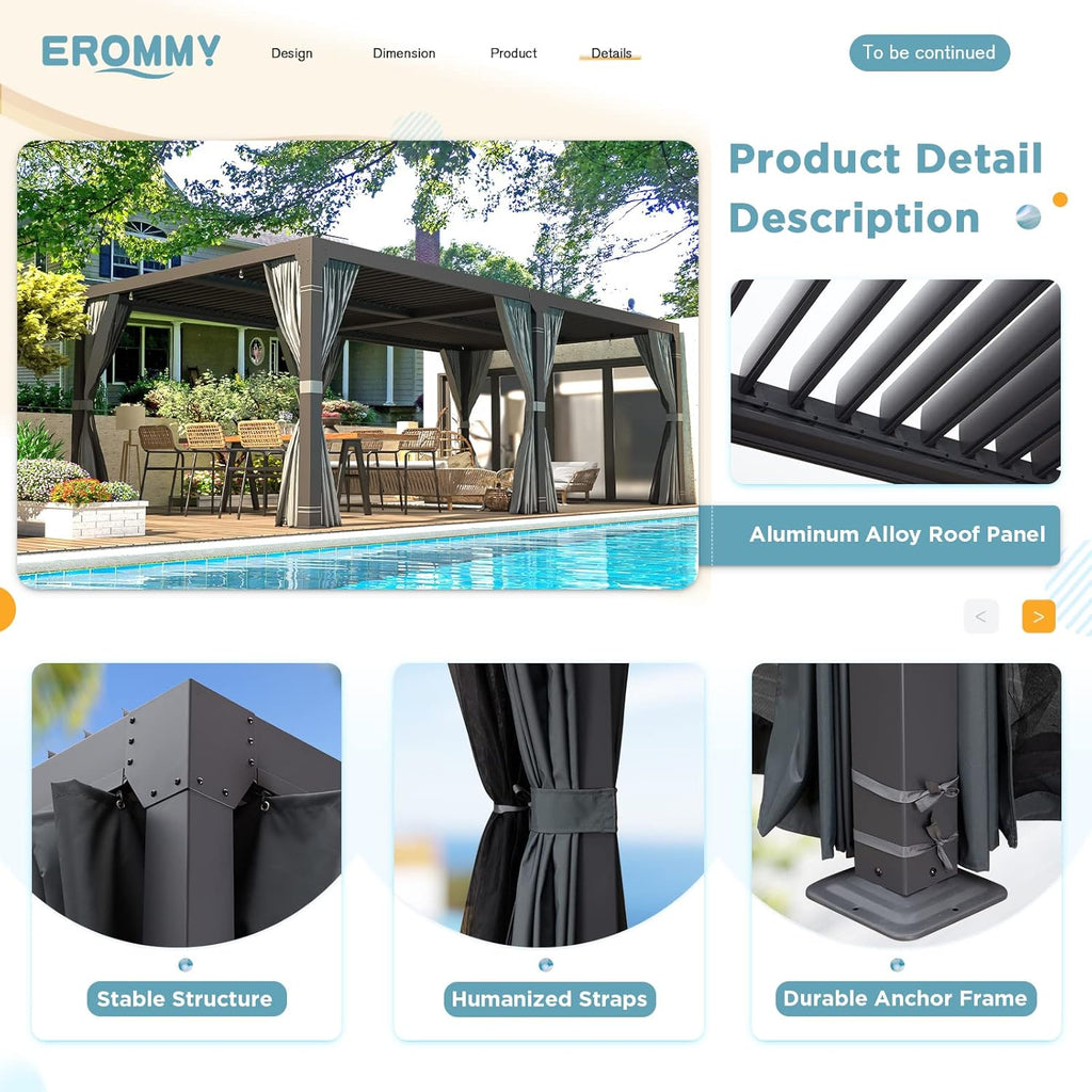 10x20FT Louvered Pergola Outdoor Sun Shade Shelter with Aluminum Frame and Adjustable Metal Rainproof Roof for Garden