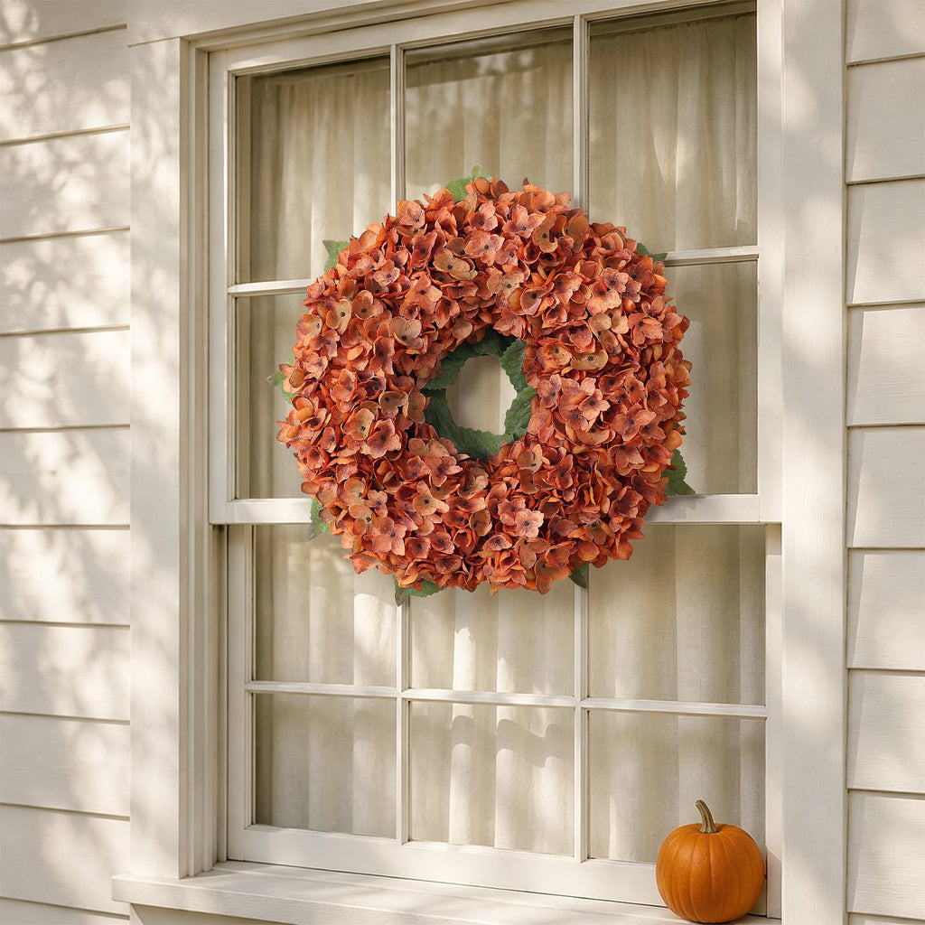 21" Artificial Fall Hydrangea Flower Wreath for Front Door Decor(Orange)