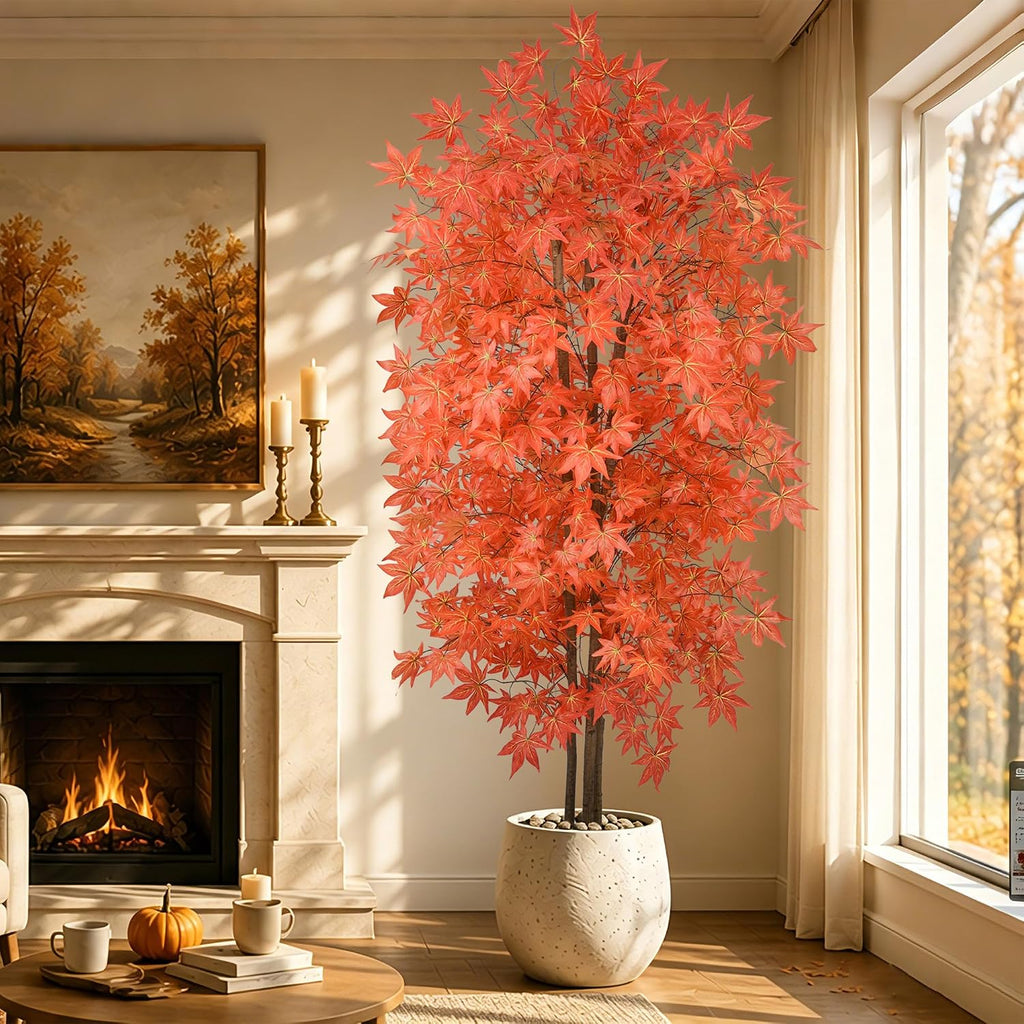 7FT Artificial Maple Trees, Tall Faux Autumn Tree Indoor with Lifelike Red Orange Leaves Realistic Fall Tree with Pot