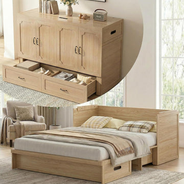 Queen Murphy Bed Cabinet with Tri-Fold Memory Foam Mattress, USB Charging & Storage Drawer - Natural Wood