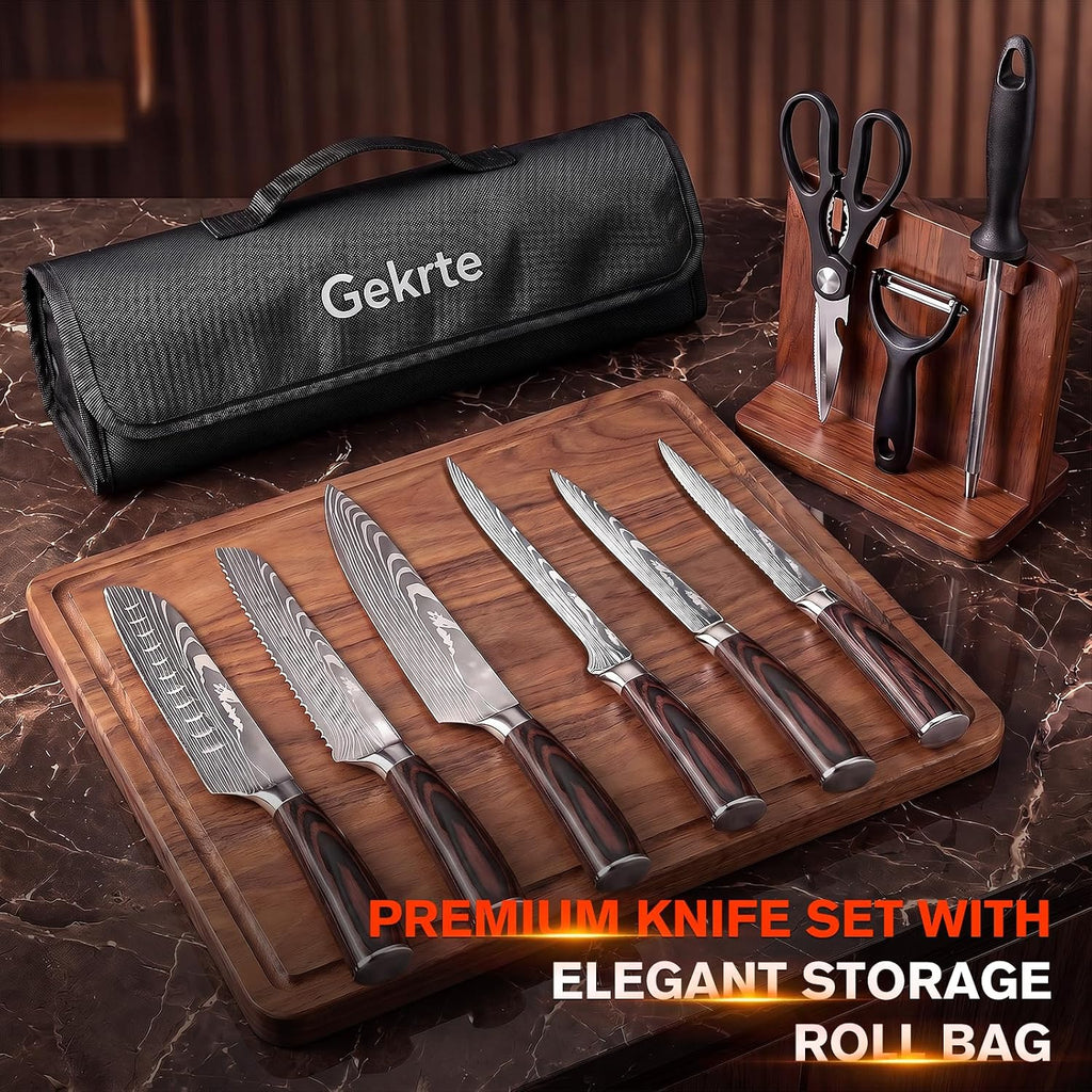 Kitchen Knife Set, 9 Pieces High Carbon Stainless Steel Chef Knife Set | Japanese Knives Set with Roll Bag, Ergonomic