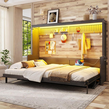Queen Horizontal Cabinet Murphy Bed with Desk & USB Charging Station, Foldable Hideaway Wall Bed Frame with Solid