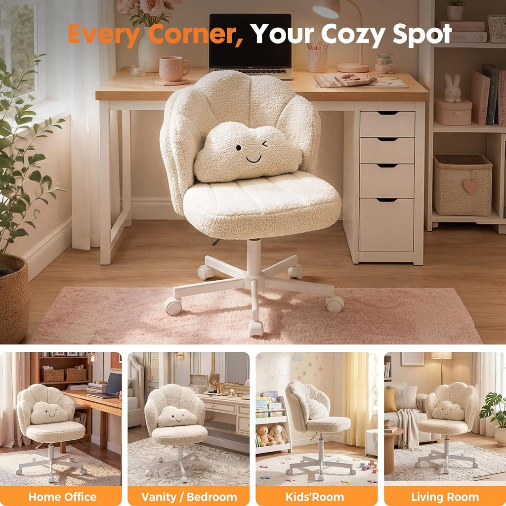 Vanity Chair with Wheels, Cute Desk Chair for Girls Women, Upholstered Home with Backrest, Height Adjustable