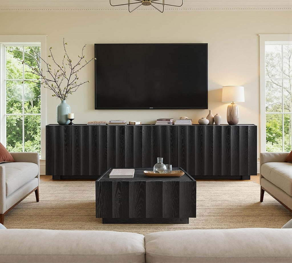 61.7" Fluted Sideboard Buffet Cabinet with Storage, Black | Mid Century Modern Credenza with Adjustable Shelves