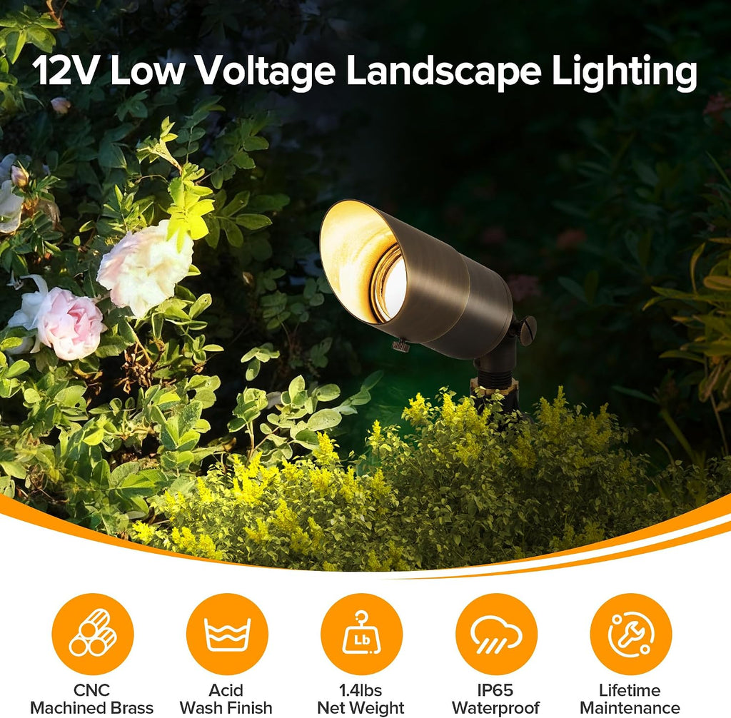 Solid Brass Low Voltage Landscape Lighting, 12V Heavy Duty Waterproof Landscape Spotlights, Adjustable Bronze