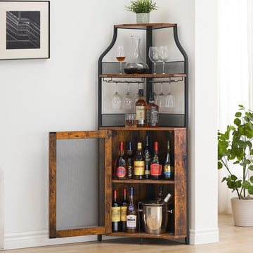 Corner Bar Storage Cabinet, 5-Tier Farmhouse Liquor Cabinet with Glass Holder Wine Cabinet with Barn Door &