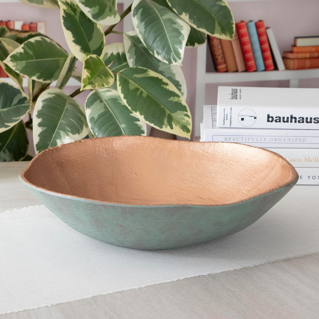 Cast Metal Extra Large Turquoise Copper Finish Round Decorative Bowl 14 inch