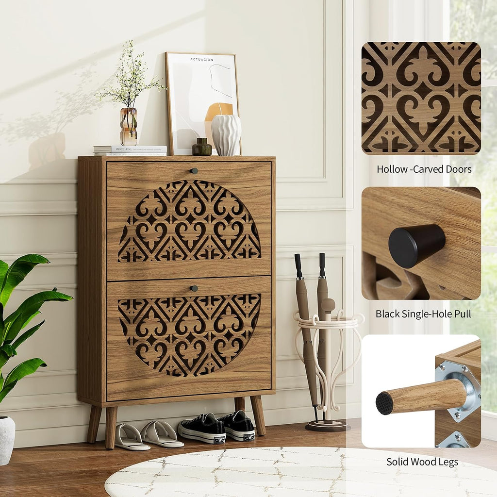 23.6" W Slim Shoe Cabinet with 2 Flip Drawers, Carved Floral Shoe Rack, Mid-Century Modern Free-Standing Heart-Shaped