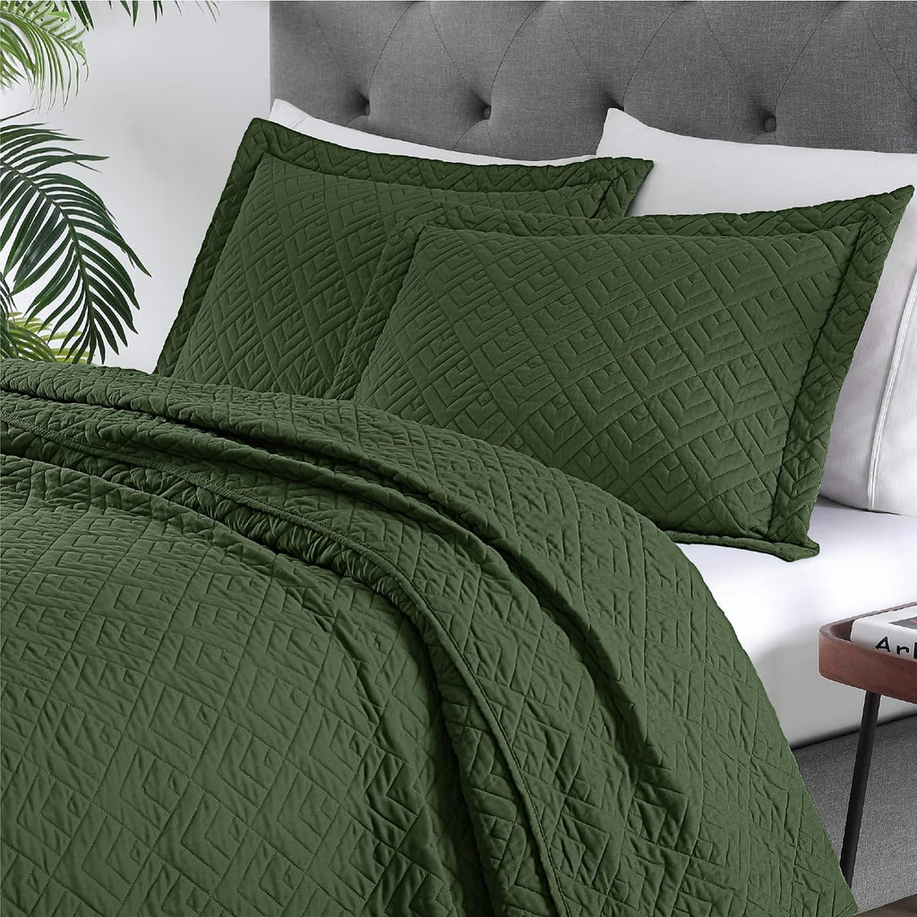 Quilt Set Quilts Olive Green 3 Piece,Lightweight Soft Coverlet Modern Style Squares Pattern Bedspread