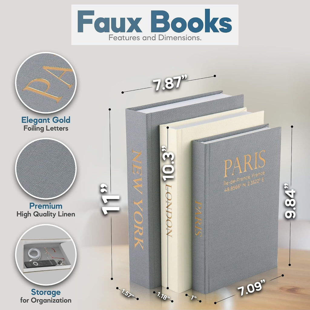 Faux Book Storage Box Set (Set of 3) - Decorative Faux Books with Hidden Storage for Coffee Table Decor, Bookshelf or
