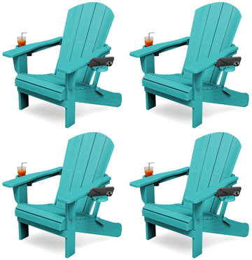 Folding Adirondack Chair Set of 4 with 2 Cup Holders, Aruba