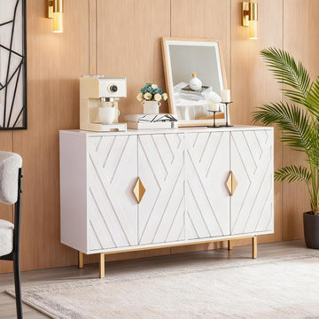 Sideboard Buffet Cabinets with Storage, Accent Storage Cabinets with Fluted Doors, Gold Metal Handle and Legs, Wood