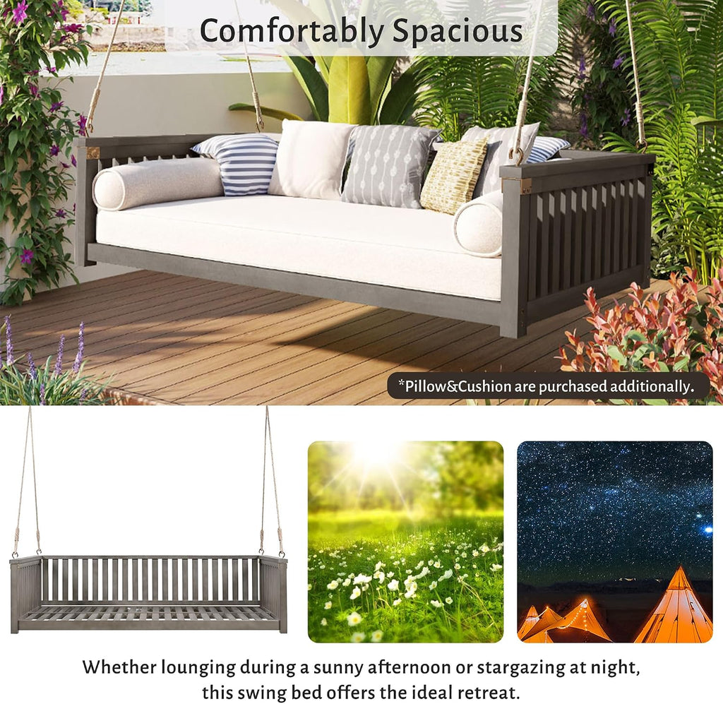 Porch Swing Bed, Acacia Wood Outdoor Daybed Swing, Spacious Design Fits Twin Mattress, 350 lbs Capacity, Garden