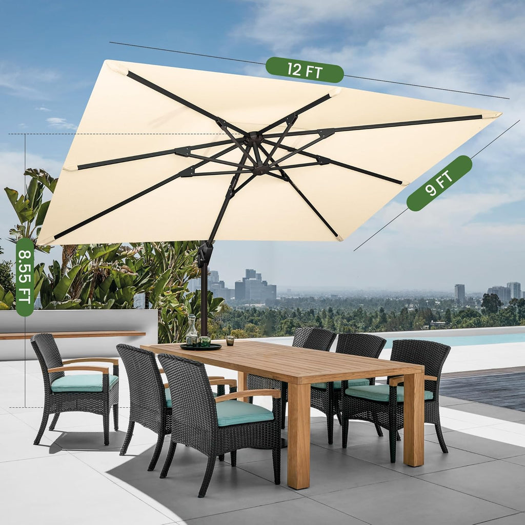 9' X 12' Cantilever Patio Umbrella Rectangular Outdoor Large Offset Umbrellas with 7 Tilts Adjustable 360°Rotati - HRSN