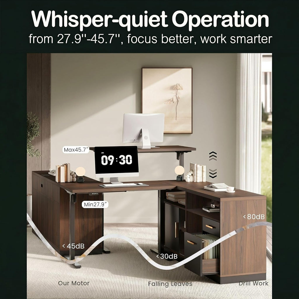 67" L Shaped Executive Standing Desk with Drawer Storage