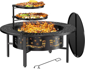 42" Outdoor Fire Pit with 2 Grills - Wood Burning Firepit for Outside with Cover & Poker