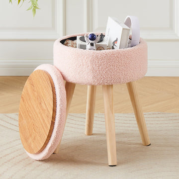 Storage Ottoman Foot Stool Teddy Velvet Round Vanity Stool Tray Top Footstool with Wood Legs Upholstered Foot Rest