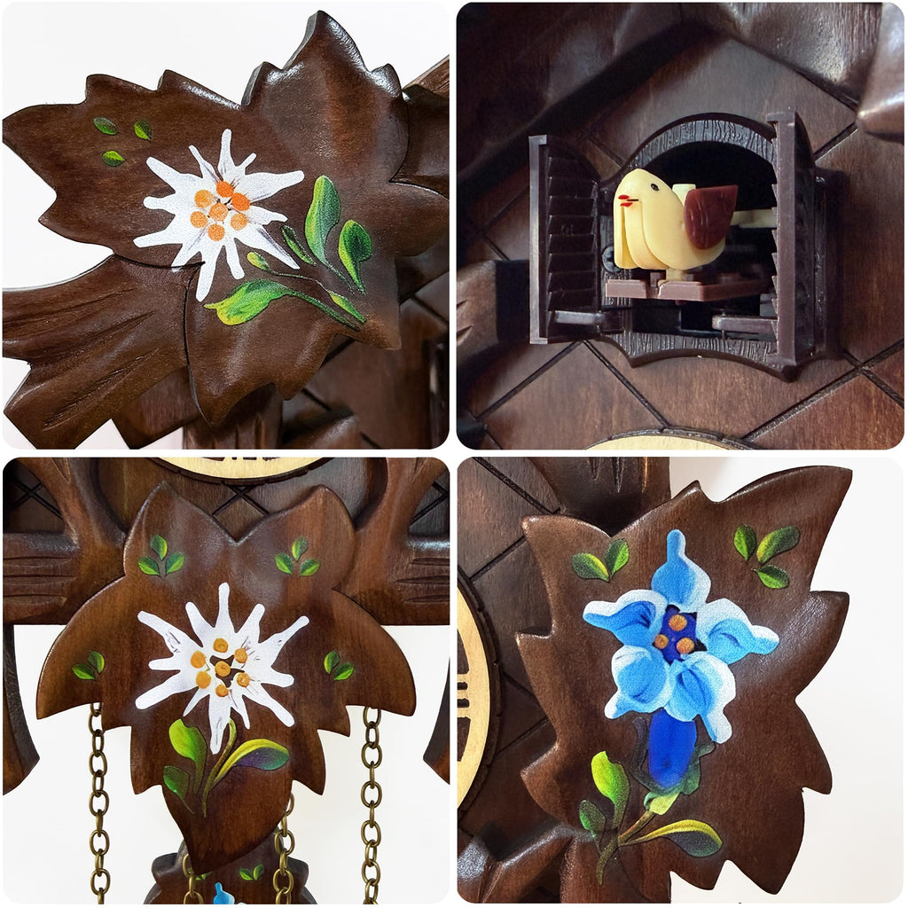 Handcrafted Edelweiss Cuckoo Clock, Black Forest Style, Quartz