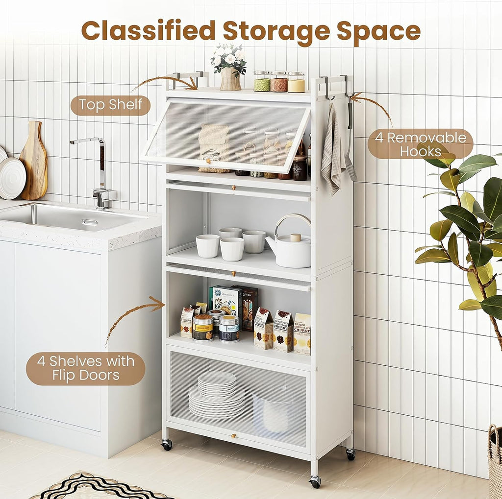 5-Tier Kitchen Storage Cabinet, 4 PC Doors, Rolling Wheels (White) | Mobile Metal Pantry Cabinet with 4 Hooks &