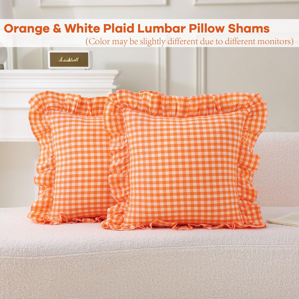 2 Pack Pumpkin Orange Gingham Ruffle Throw Pillow Covers 18"x18"
