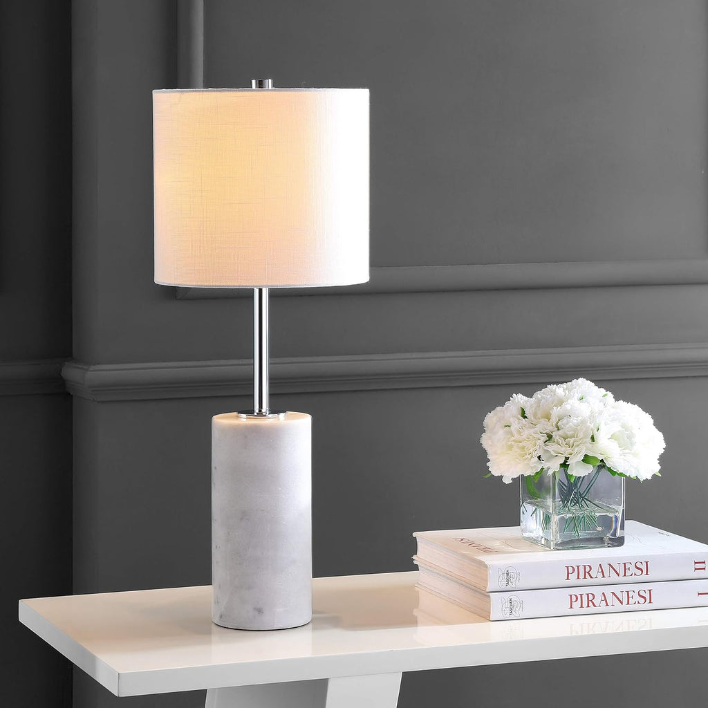 25.5" White Marble and Chrome Modern LED Table Lamp, Minimalist Iron Bedside Lamp Bedroom, White Linen Drum Shade
