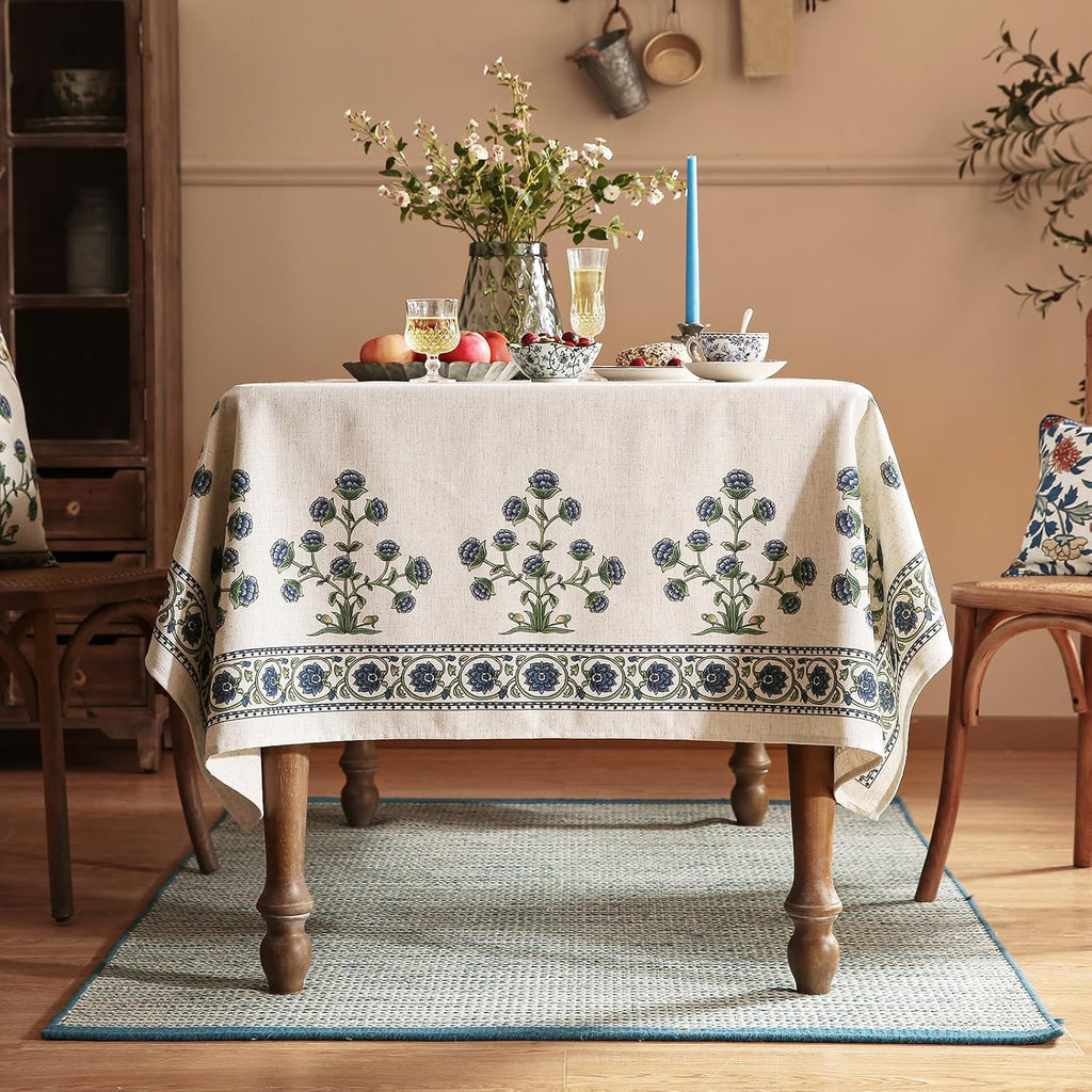 Designer Vintage Small Blue Rectangle Table Cloth,Linen Leaves Pattern Floral Tablecloth,Farmhouse Fall Table Cover
