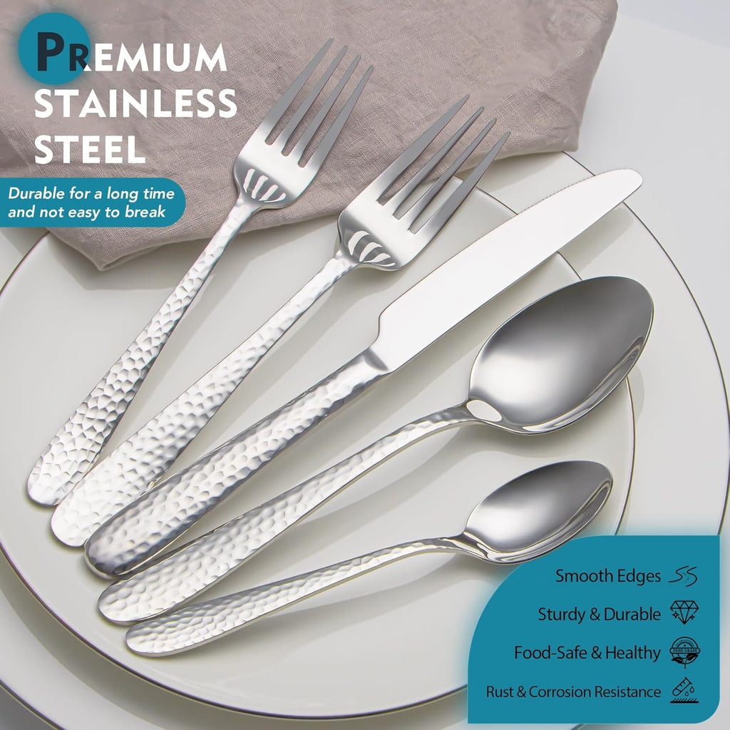 Hammered Silverware Set, 40-Piece Stainless Steel Flatware Set for 8, Mirror Finish Tableware Kitchen Cutlery Sets
